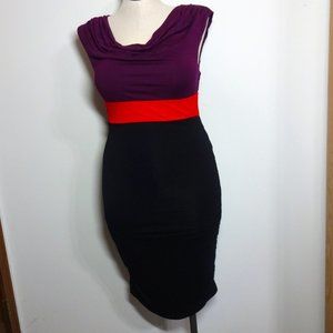 INC Tri Color Bodycon Lined Dress Large Black Plum Red
